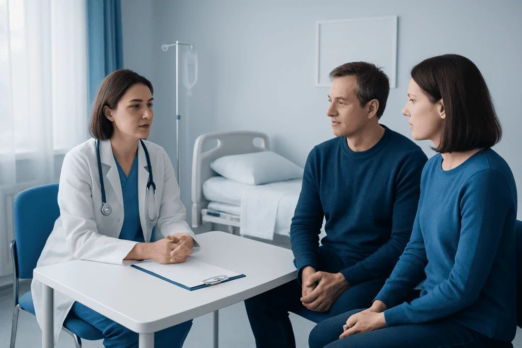 Doctor consulting with a male and female patient in a hospital room.