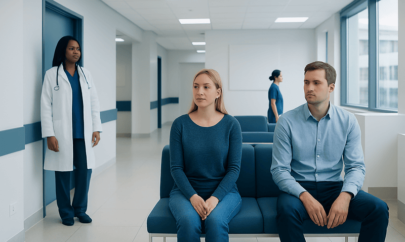 Patient waiting in a hospital corridor with a doctor nearby.