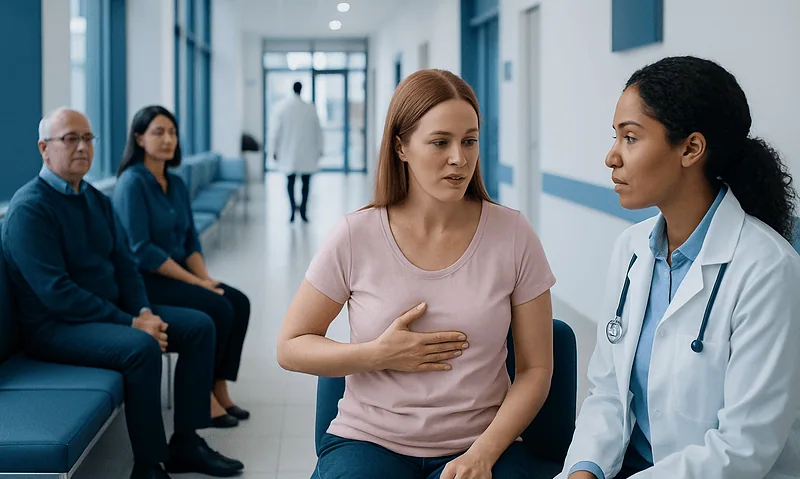 Patient consulting with doctor in hospital corridor.