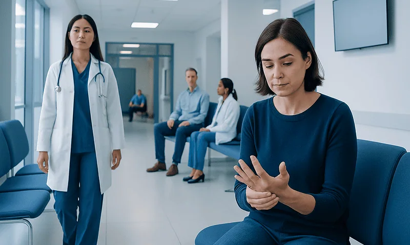 Woman experiencing hand pain in a hospital waiting area.