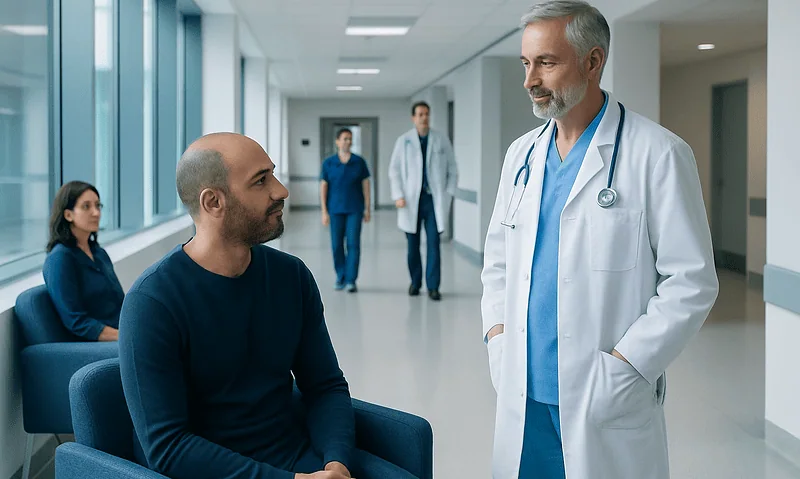 Doctor consulting with patient in hospital corridor for hair transplant care.