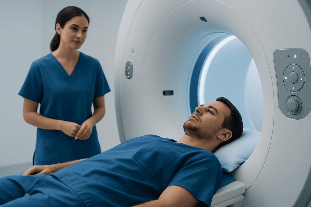 Patient undergoing MRI scan in a modern medical facility.
