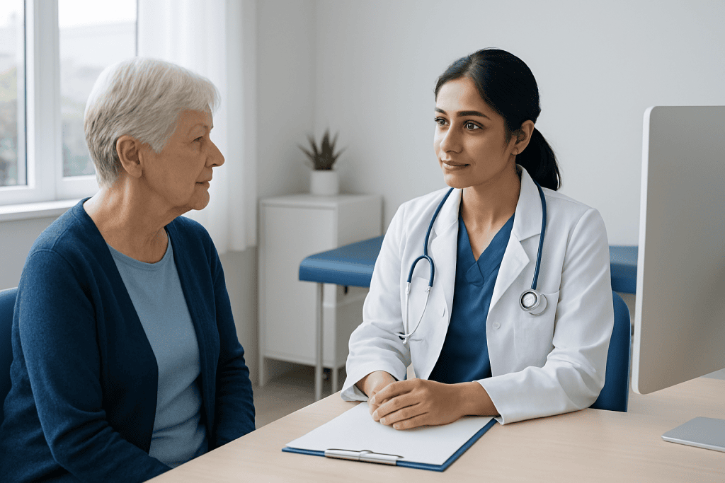 Doctor consulting elderly patient in a modern hospital room.