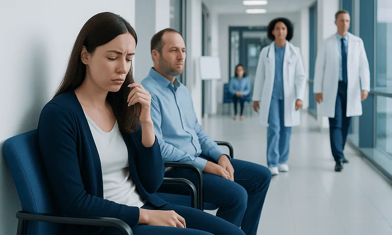 Patients waiting in a hospital corridor, some appearing anxious or distressed.