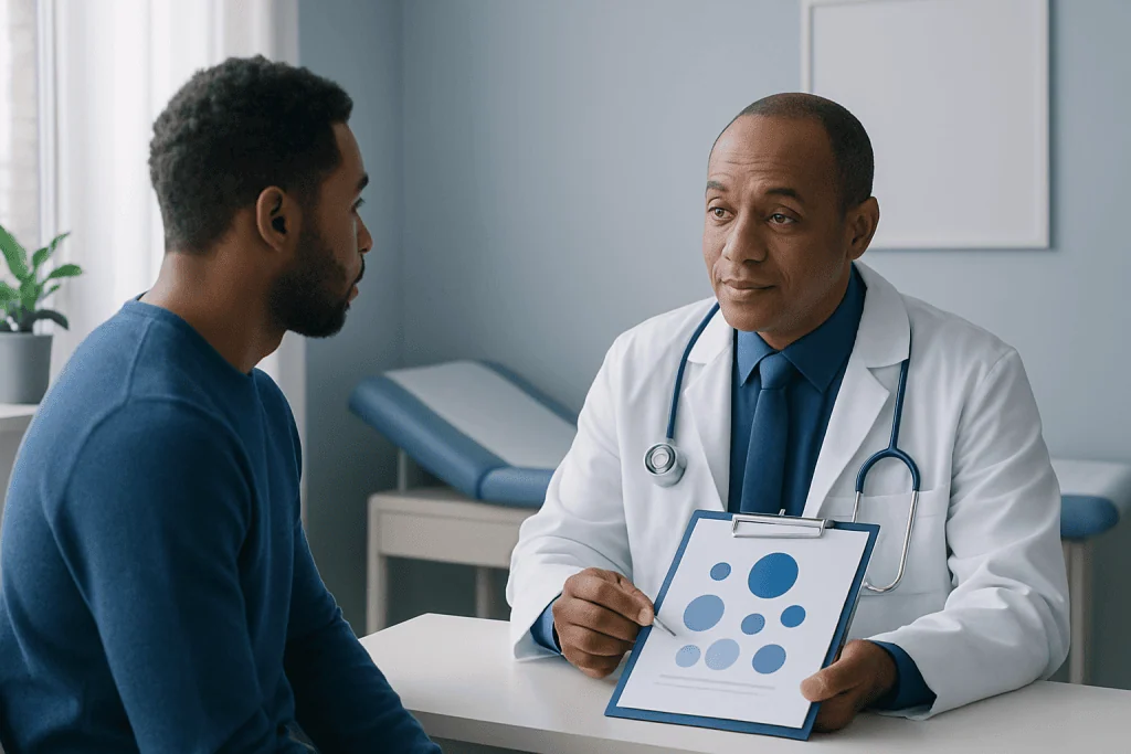 Doctor discussing blood test results with patient in a medical consultation.