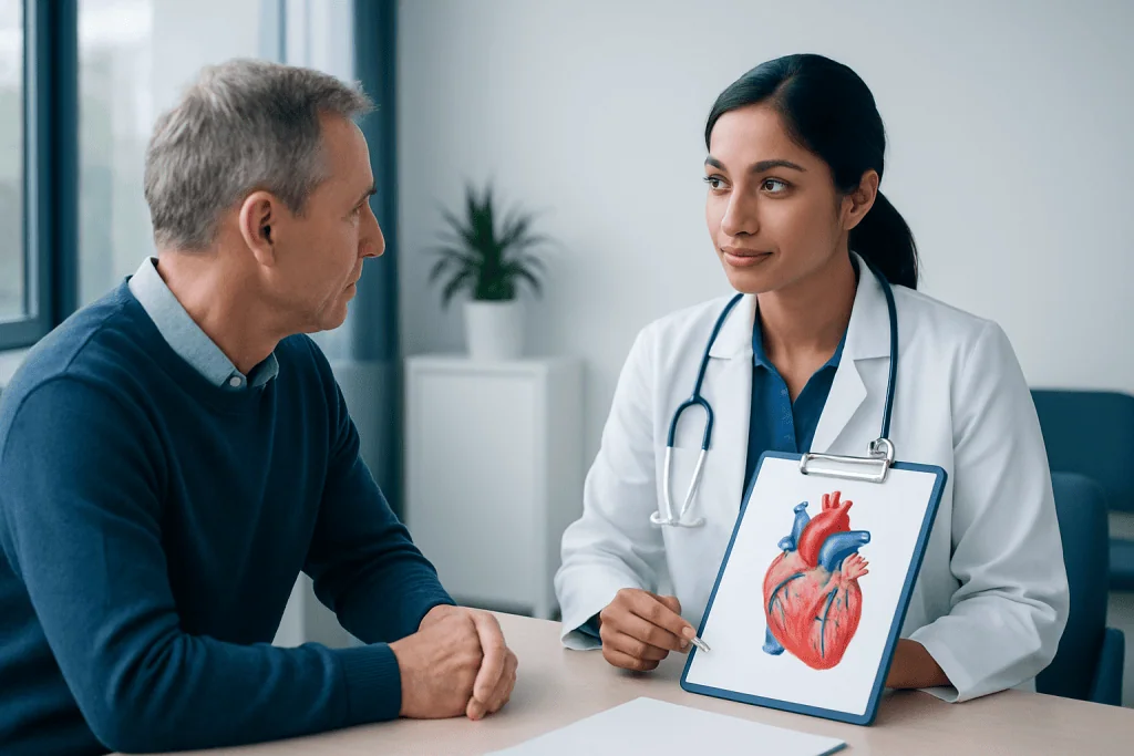 Doctor explaining heart health to patient with heart diagram.