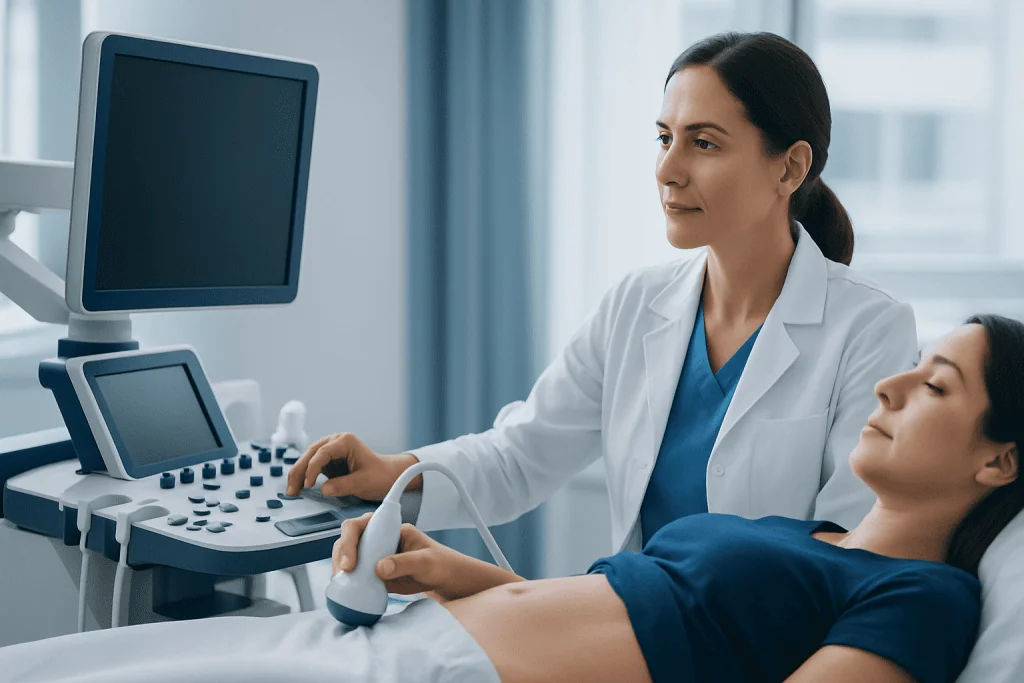 Doctor performing an ultrasound on a patient in a hospital room.