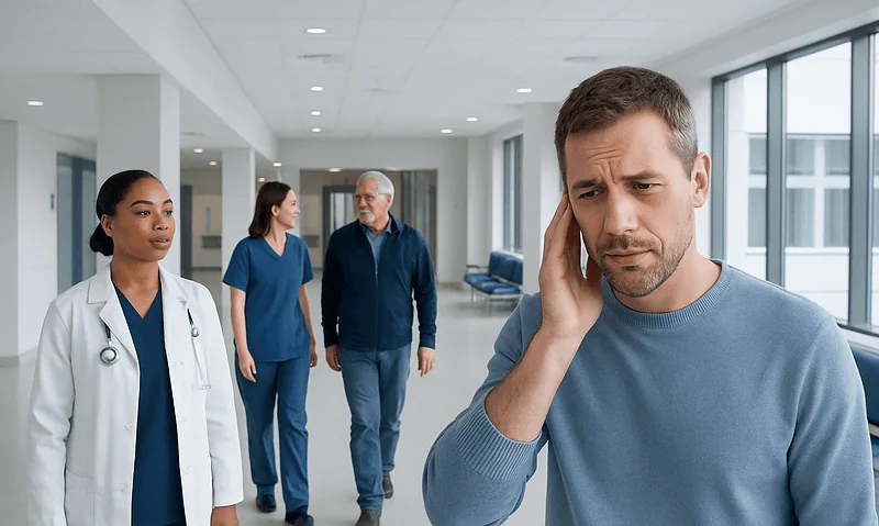 Man experiencing ear pain in a hospital corridor with medical staff nearby.