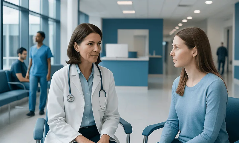 Doctor consulting female patient in a hospital waiting area.
