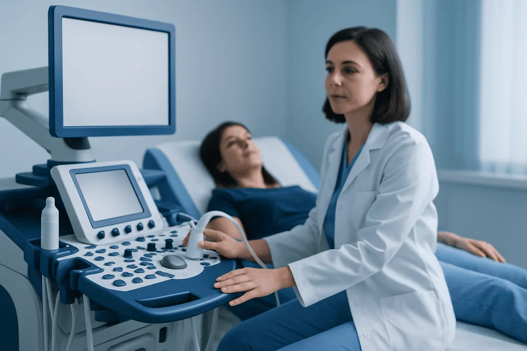 Medical professional performing an ultrasound on a patient in a hospital room.