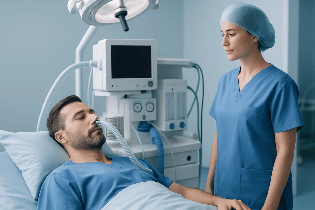 Patient in hospital bed with medical staff and ventilator equipment.