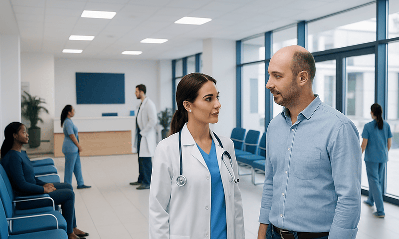 Doctor consulting with a patient in a modern hospital waiting area.