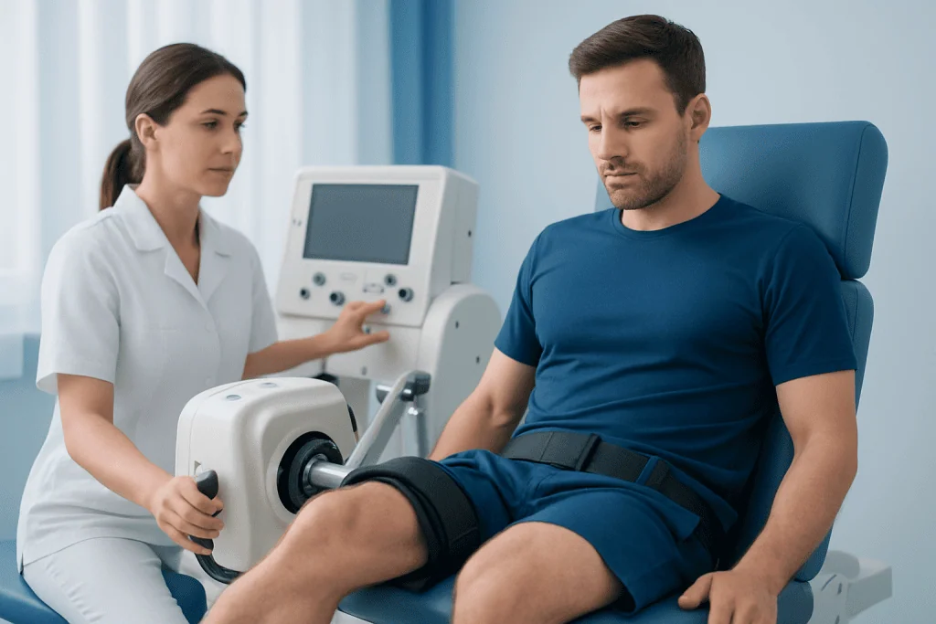 Patient undergoing physiotherapy for hamstring injury at Acibadem Hospital.