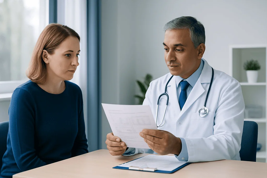 Doctor explaining test results to a female patient in a medical consultation.