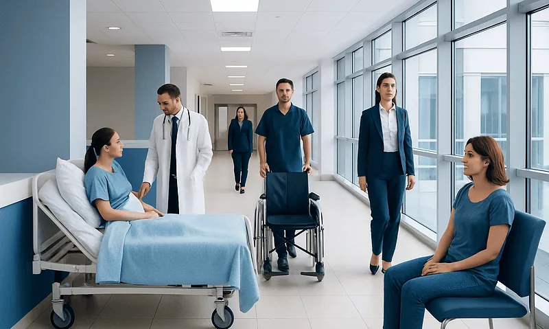 Choosing Between Inpatient and Day-Case Treatment in Turkey 4 Hospital corridor with patient and medical staff in a modern healthcare facility.