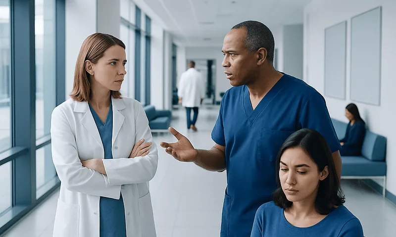Medical professionals discussing patient care in hospital corridor.