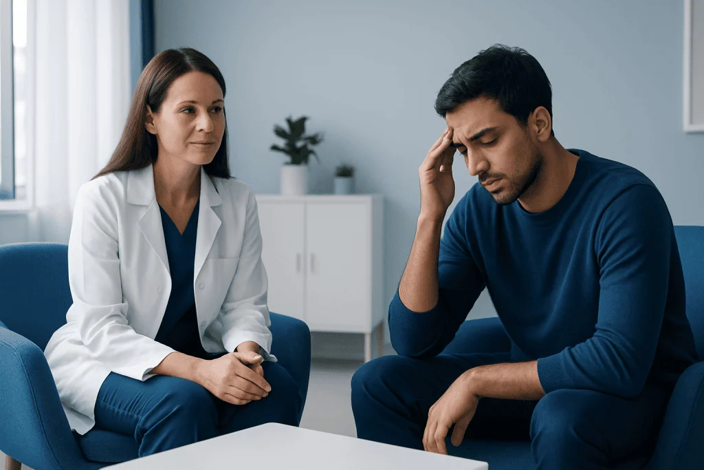 Patient consulting with doctor about mental health concerns in a clinical setting.