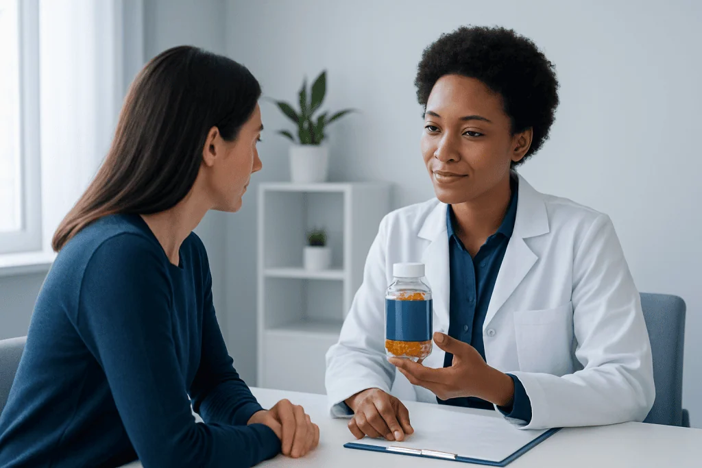 Doctor explaining salmon oil supplement to patient in consultation room.