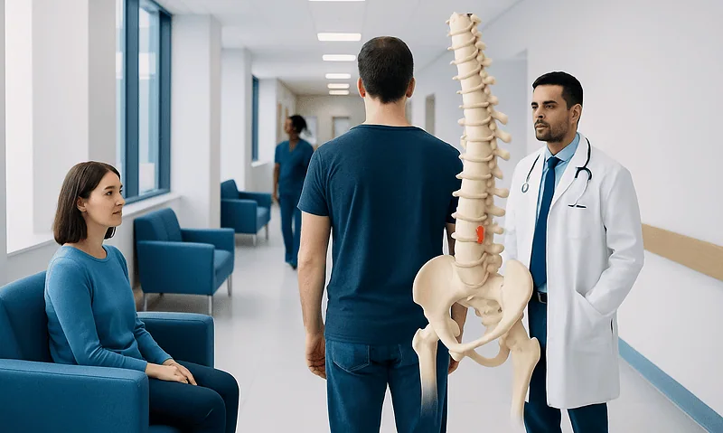 Doctor explaining spinal anatomy to patient in hospital corridor.