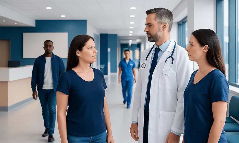 Medical consultation at Acibadem Hospital with doctor and patients in hallway.