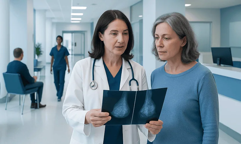 Doctor explaining mammogram results to a patient in a hospital corridor.