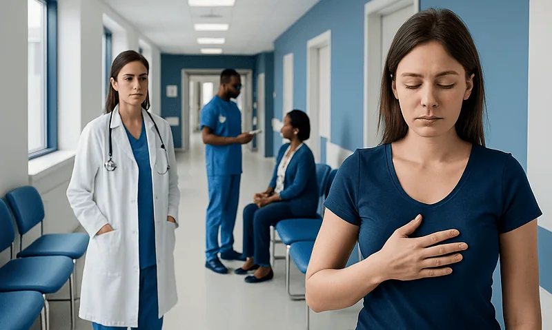 Patient experiencing chest discomfort in hospital corridor with medical staff nearby.