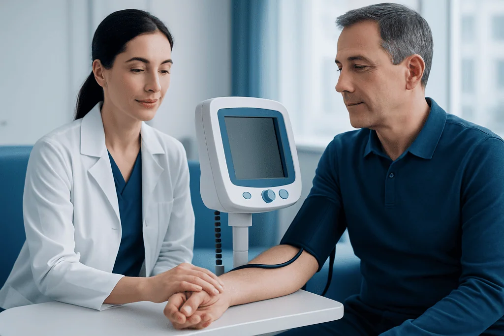 Doctor measuring blood pressure of a patient in a clinical setting.