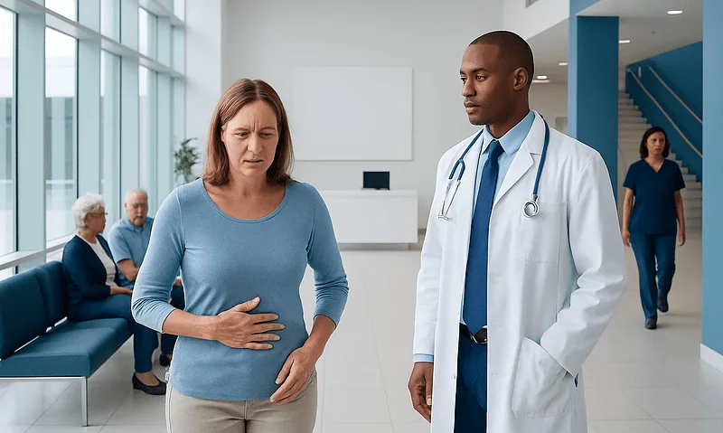 Patient experiencing stomach pain in a hospital waiting area.