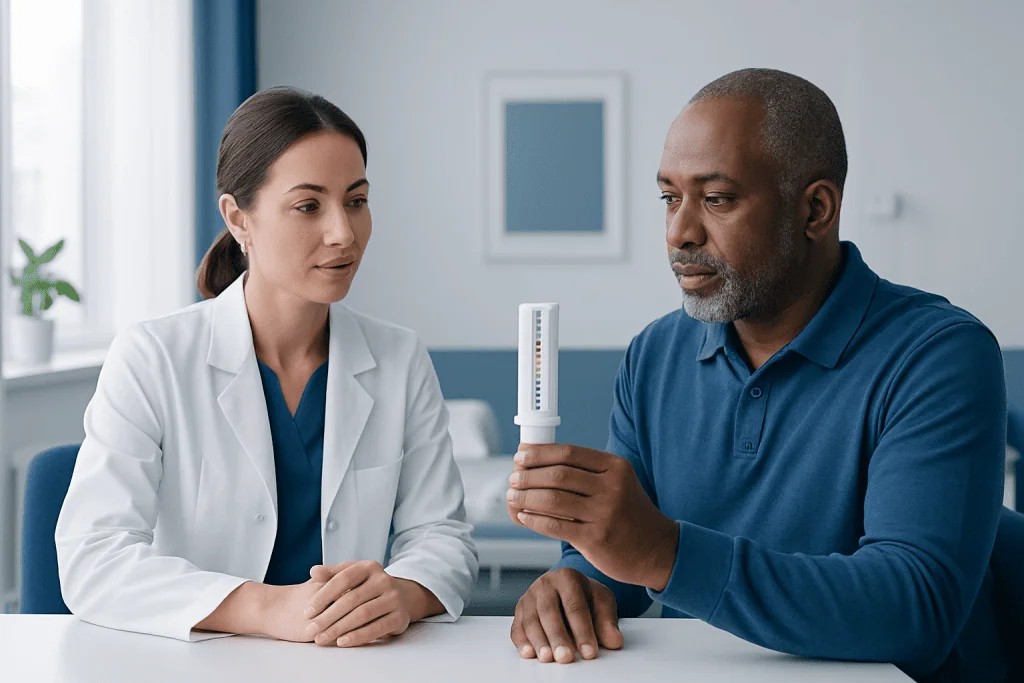 Doctor explaining peak flow meter to patient in a clinical setting.