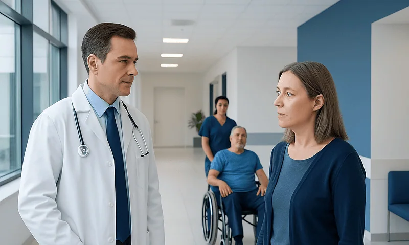 Doctor and patient having a discussion in hospital corridor with wheelchair user nearby.