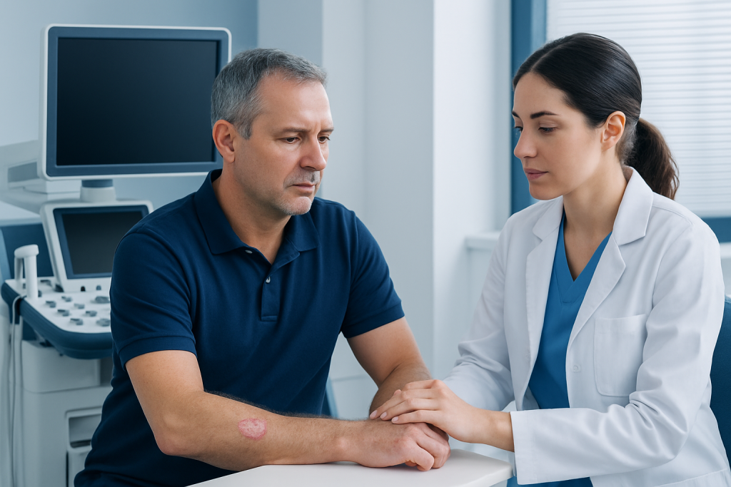 Doctor examining a patient's skin lesion in a clinical setting.