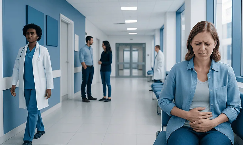 Woman with stomach pain in hospital corridor with medical staff and patients.
