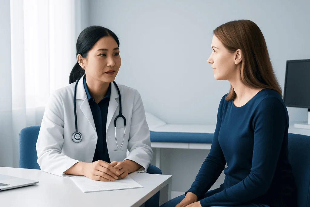 Doctor consulting with patient in a medical office setting.