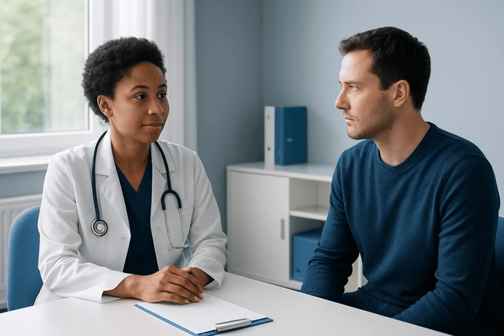 Doctor consulting with male patient in a medical office.
