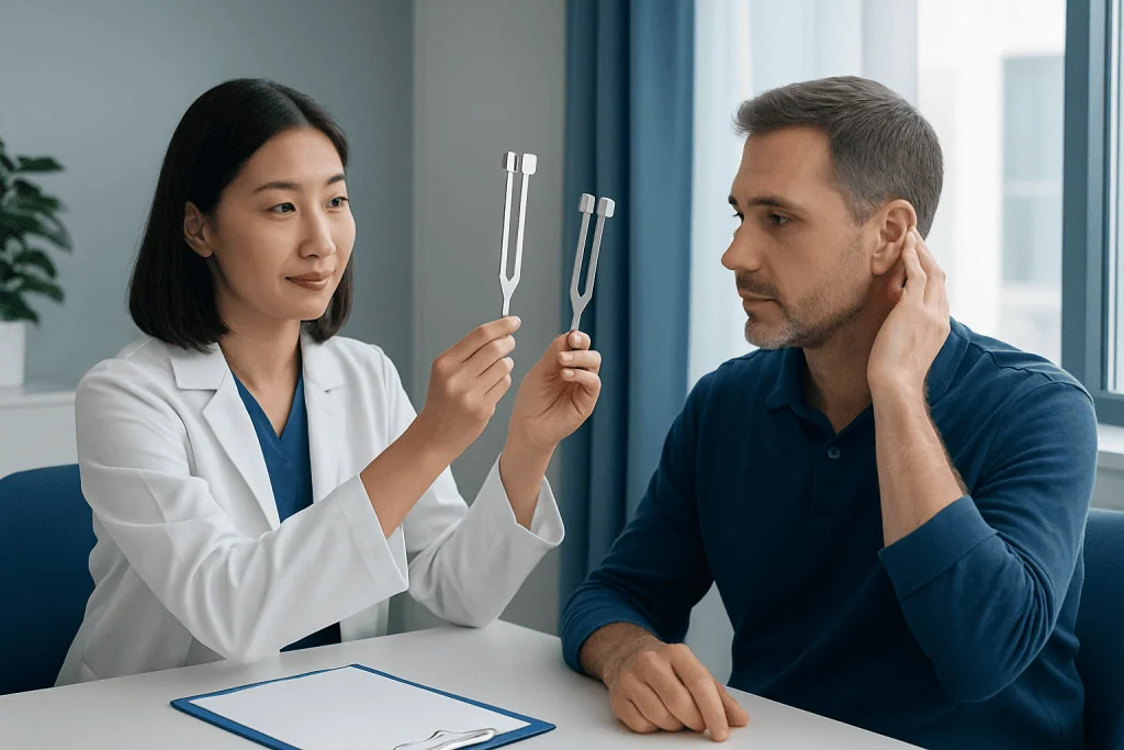 Doctor explains Rinne and Weber tests to patient in consultation room.