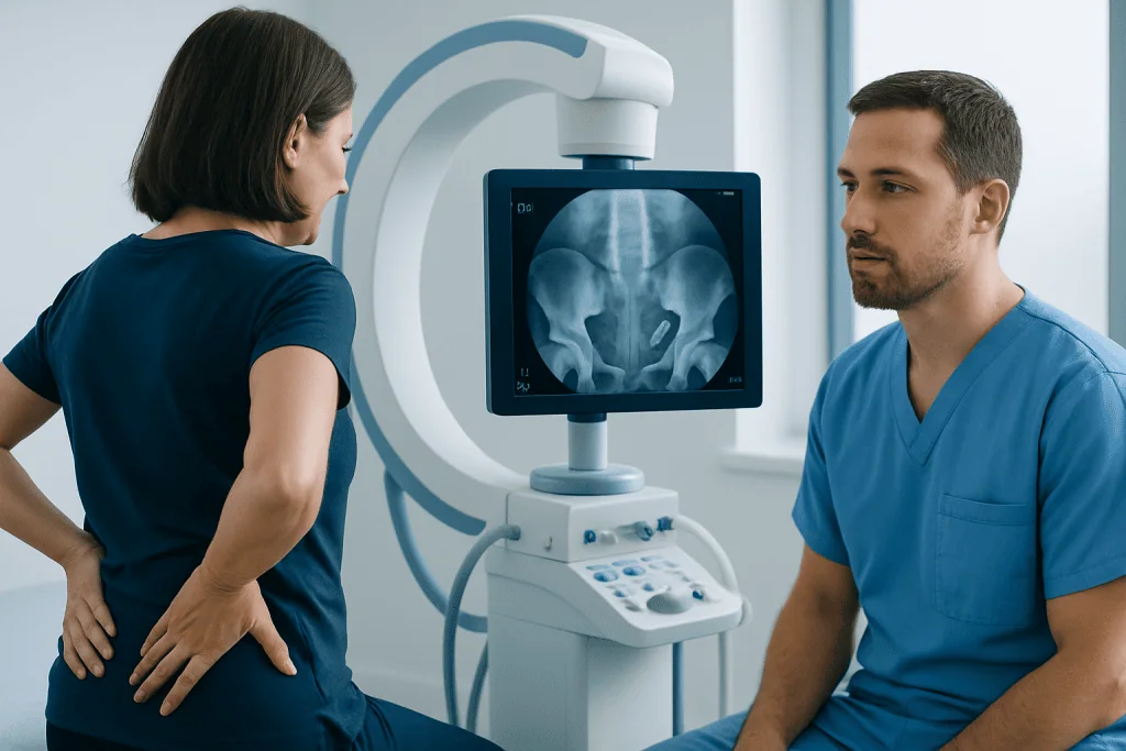 Medical professionals reviewing pelvic X-ray in a clinical setting.