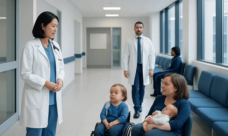 Doctors and children in hospital corridor at Acibadem Hospitals Group.