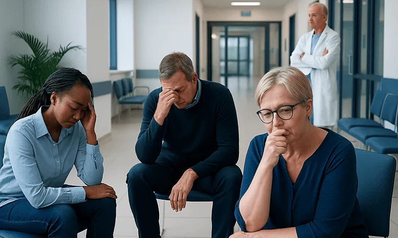 Patients in a hospital waiting area experiencing emotional distress.