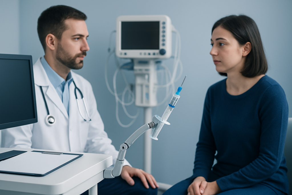 Doctor preparing a vaccine for a patient in a clinical setting.