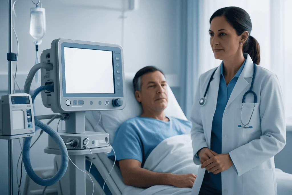 Doctor consulting with patient in hospital room with medical equipment.