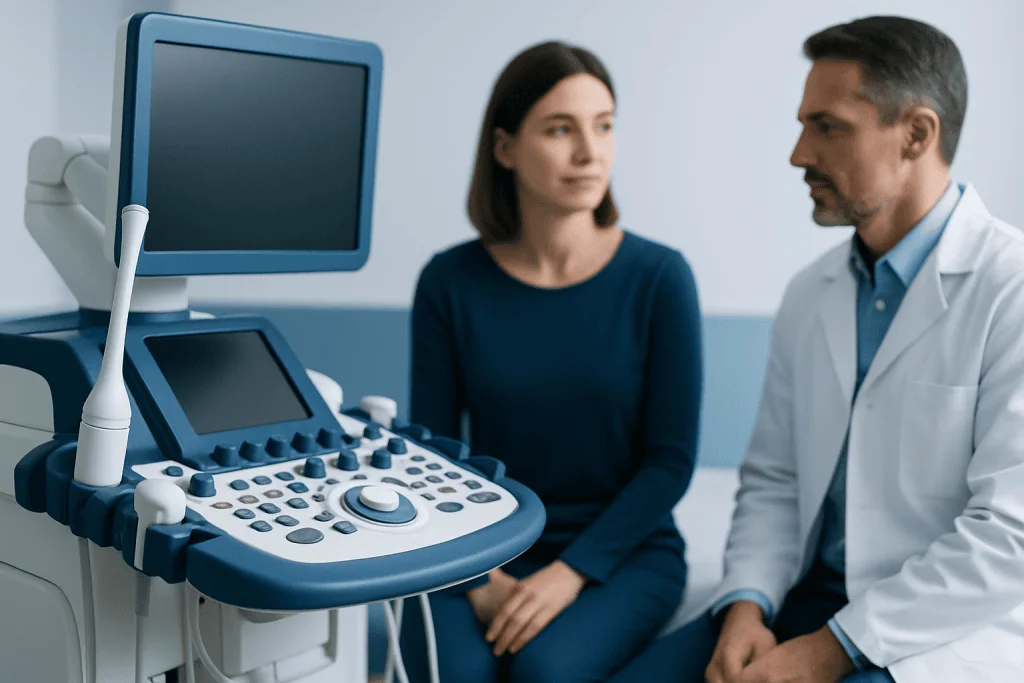 Medical consultation with ultrasound device at clinic.