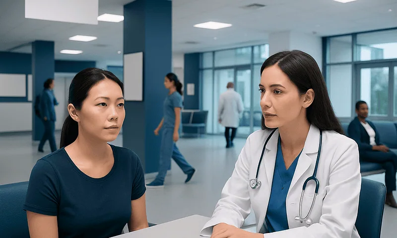Doctor consulting with patient in modern hospital setting.
