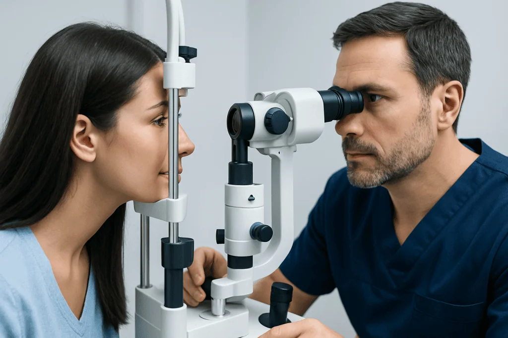 Ophthalmologist examining a woman's eyes with a slit lamp.