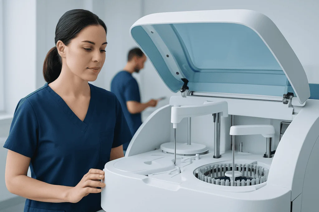 Laboratory technician operating a high-tech medical analyzer in a modern lab.