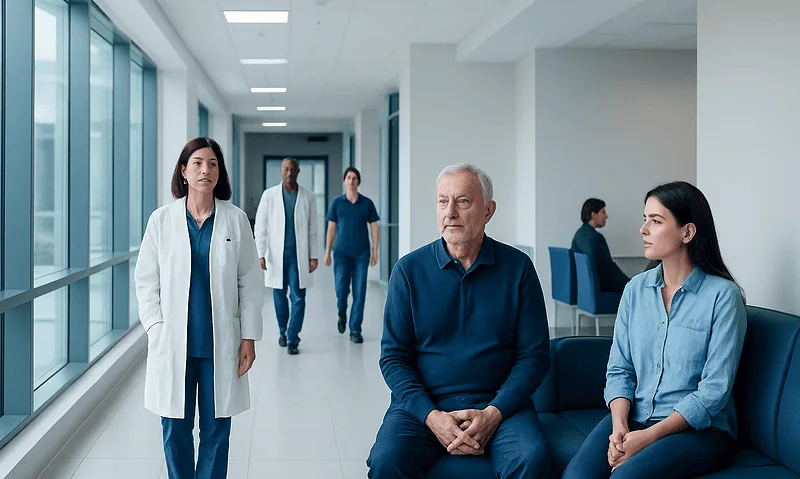 Patients and medical staff in a hospital corridor at Acibadem Hospitals Group.