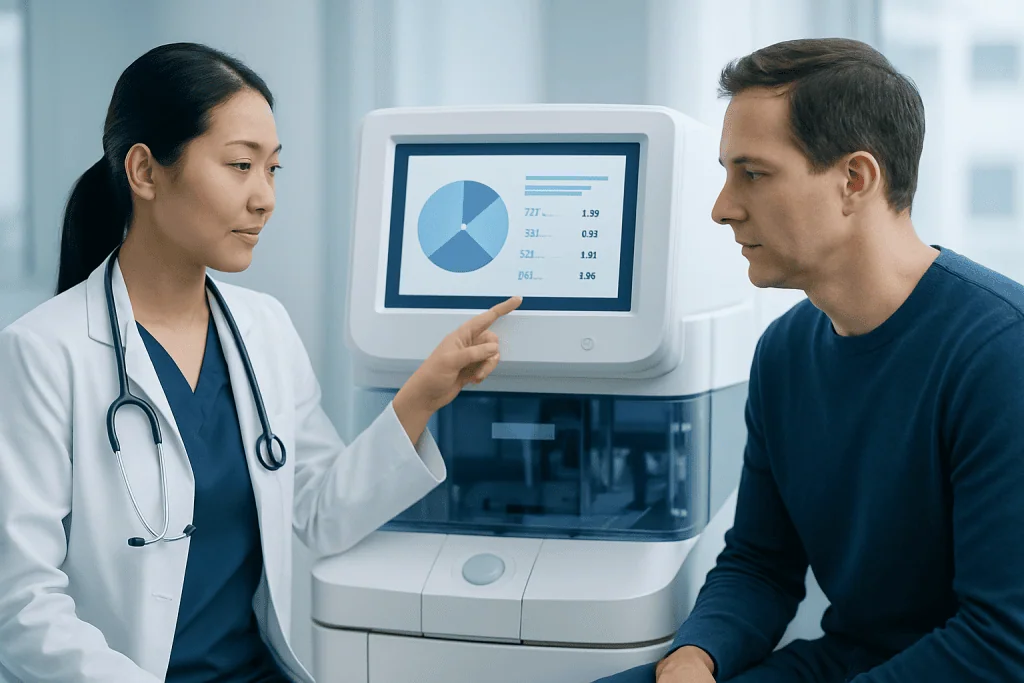 Doctor explaining cholesterol test results to patient in clinic.