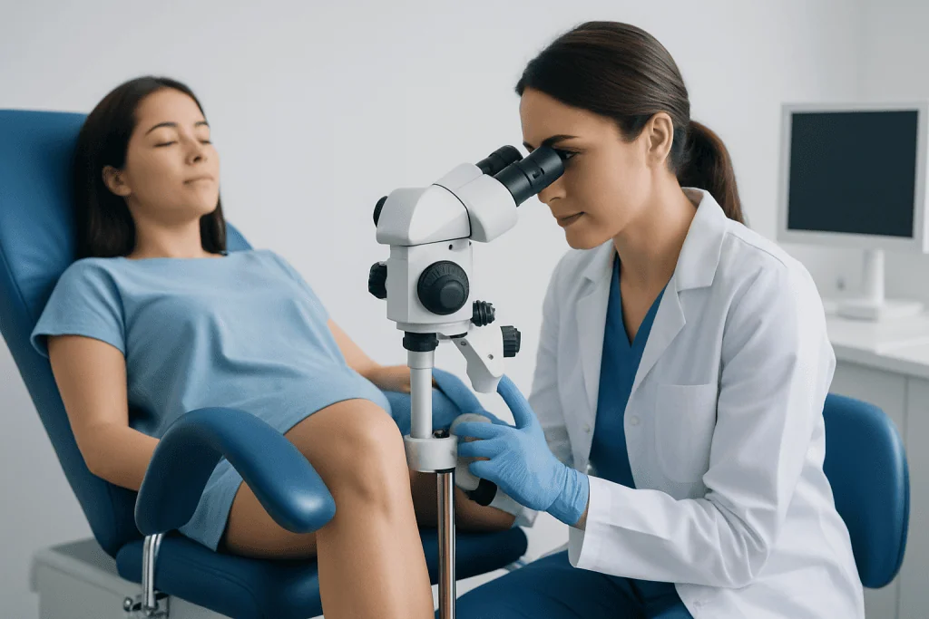 Doctor examining patient's knee with a microscope in a clinical setting.