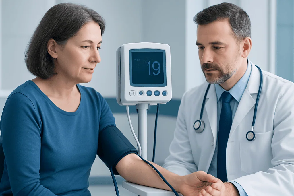 Doctor measuring blood pressure of a woman in a clinical setting.