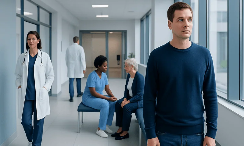 Young man waiting in hospital corridor with medical staff and patients nearby.