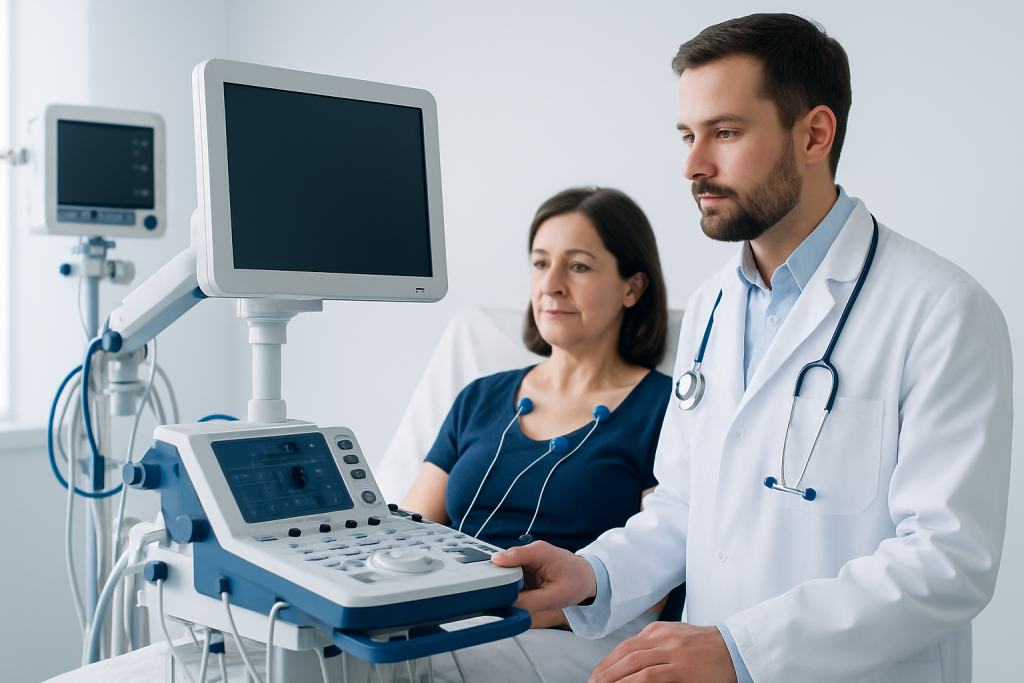 Doctor performing an ultrasound examination on a patient in a hospital.